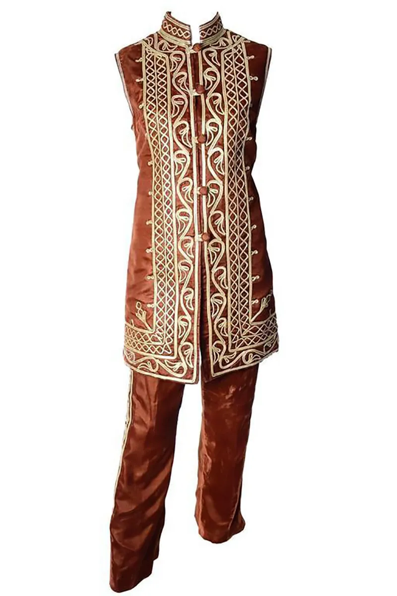 1960s Brown Velvet Vintage Pantsuit Pashtun with Gold Embroidery on Waistcoat and Pants