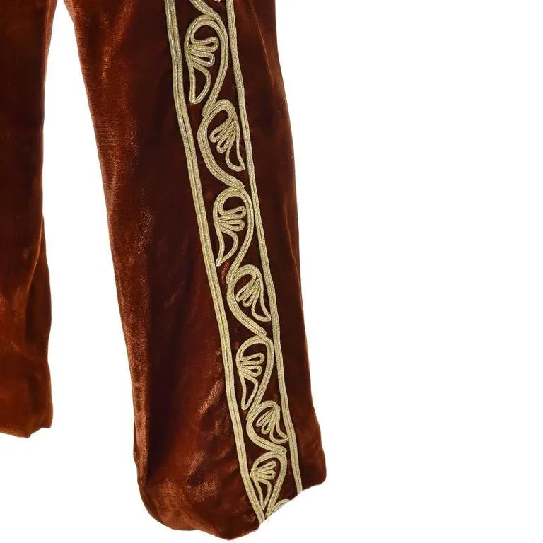 1960s Brown Velvet Vintage Pantsuit Pashtun with Gold Embroidery on Waistcoat and Pants