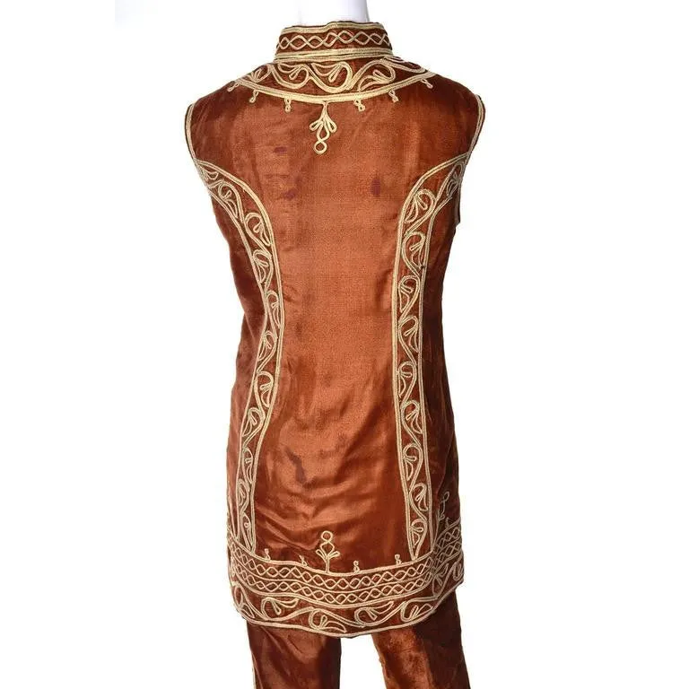 1960s Brown Velvet Vintage Pantsuit Pashtun with Gold Embroidery on Waistcoat and Pants