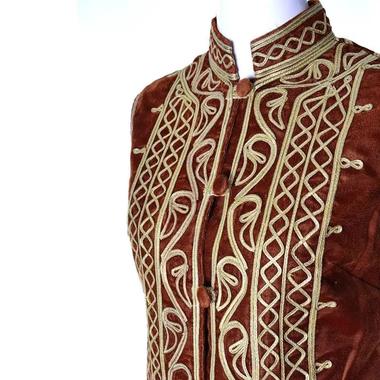 1960s Brown Velvet Vintage Pantsuit Pashtun with Gold Embroidery on Waistcoat and Pants