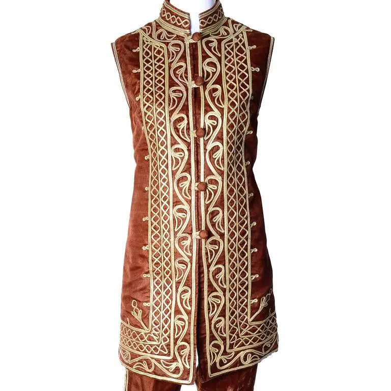 1960s Brown Velvet Vintage Pantsuit Pashtun with Gold Embroidery on Waistcoat and Pants