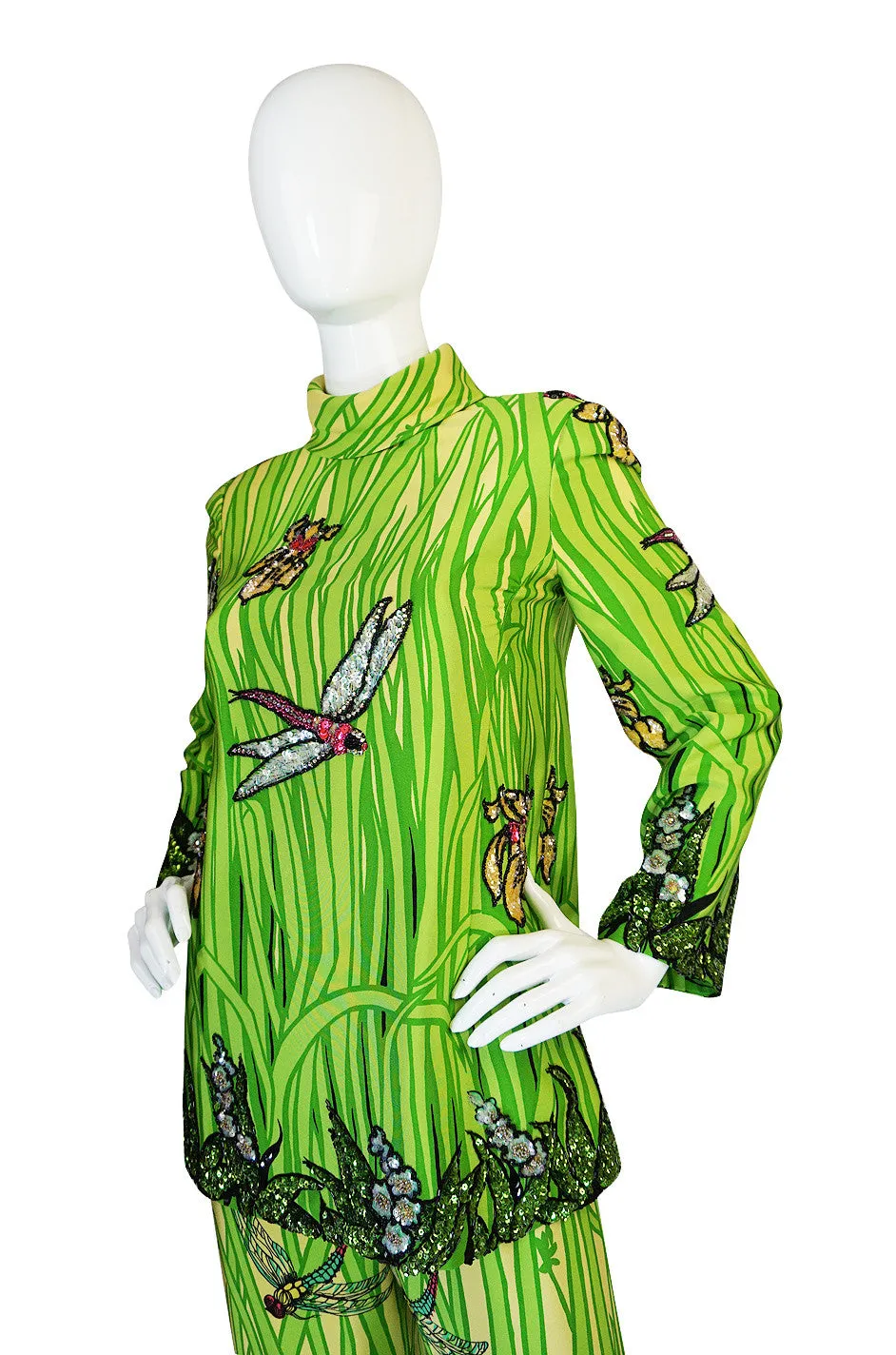 1960s Micheal Novarese Sequin Dragonfly & Flowers Silk Pant Suit