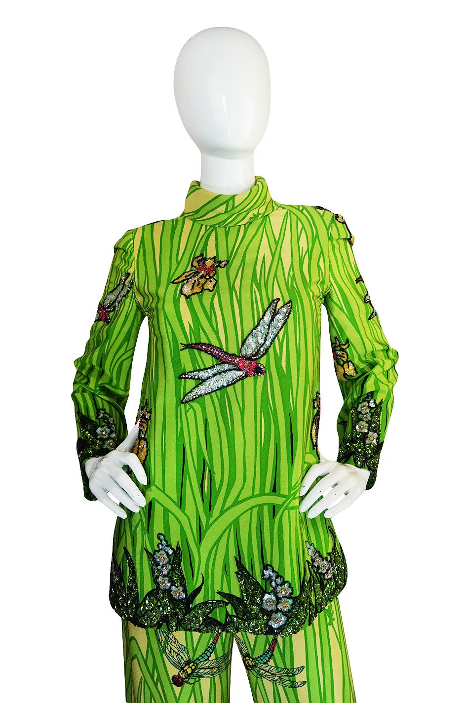 1960s Micheal Novarese Sequin Dragonfly & Flowers Silk Pant Suit