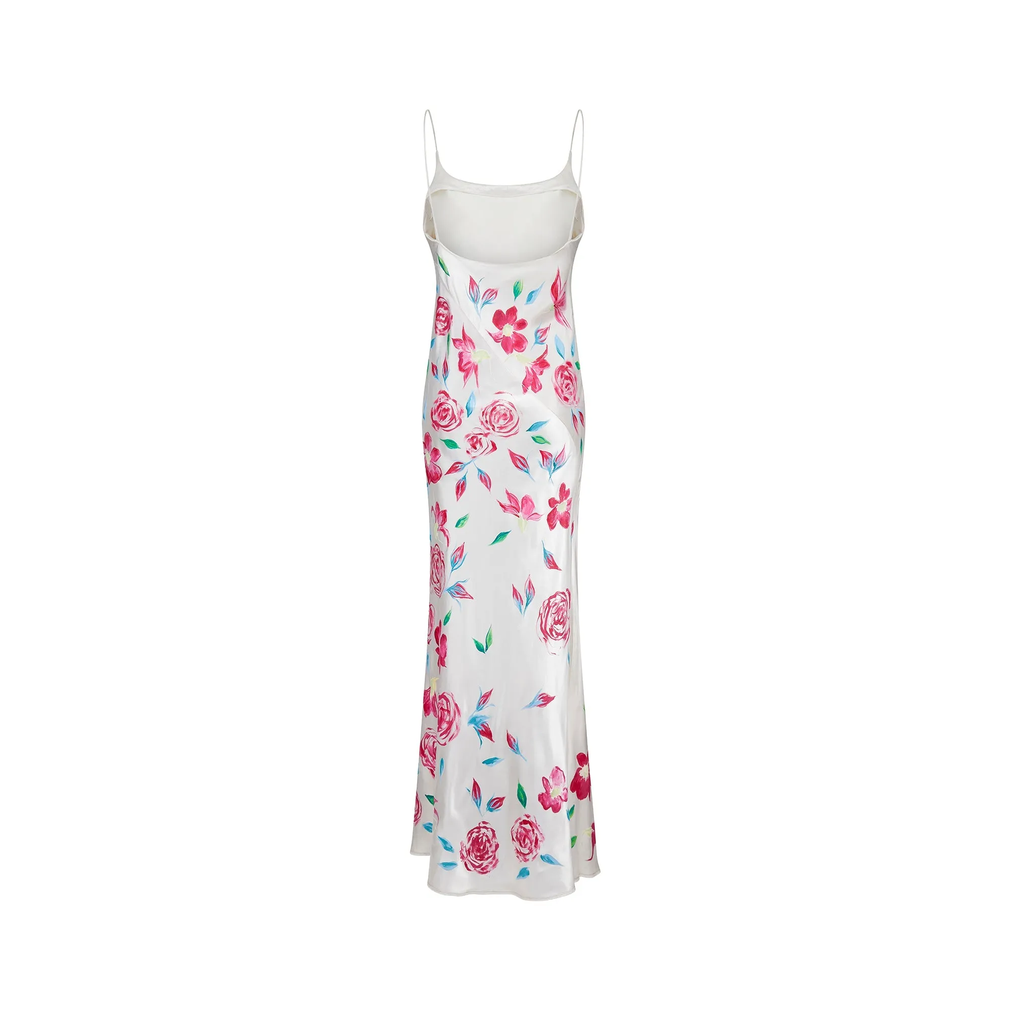 1990s Rachel Robarts Hand-Painted Rose Print Bias Cut Satin Dress