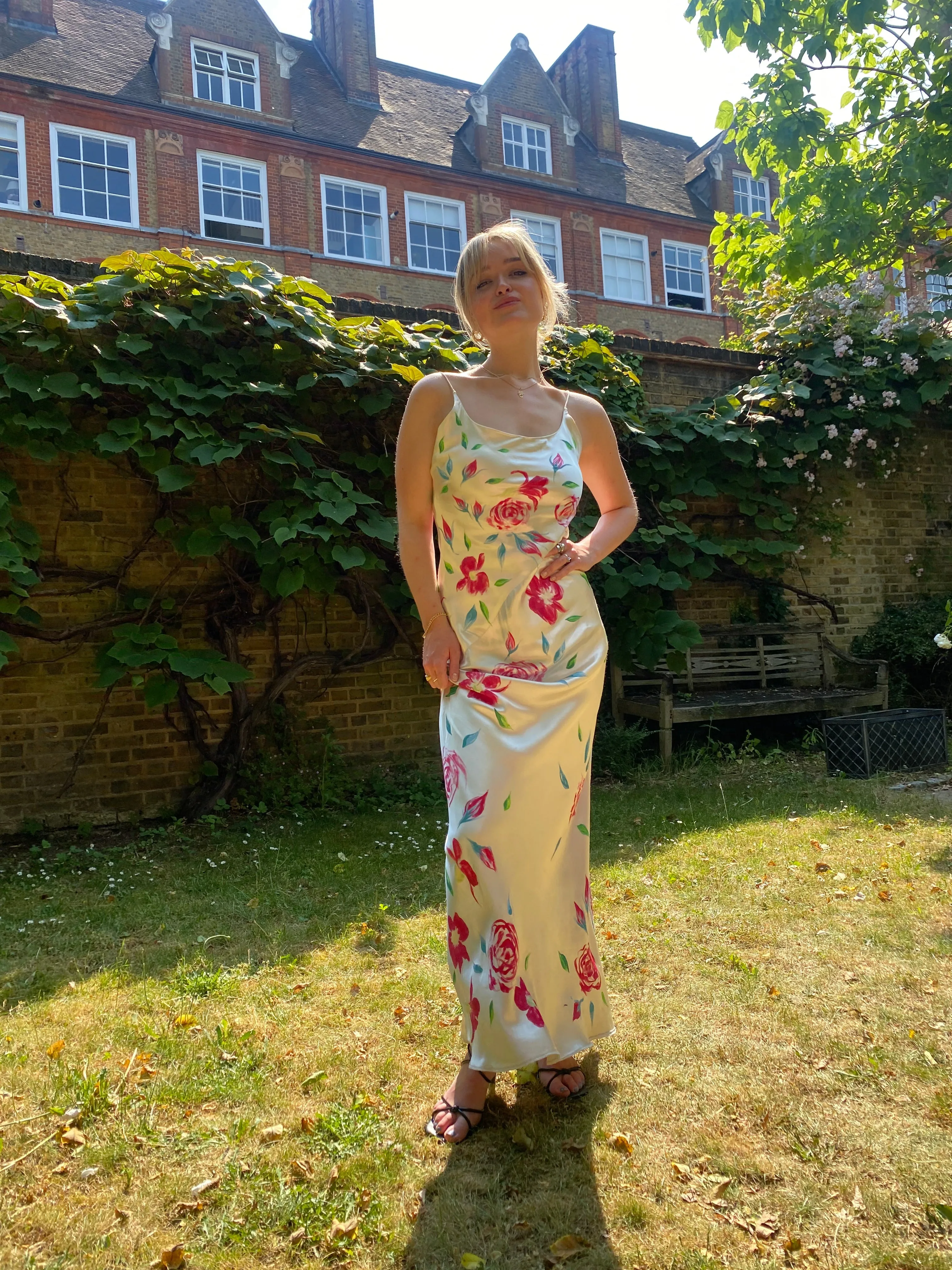 1990s Rachel Robarts Hand-Painted Rose Print Bias Cut Satin Dress