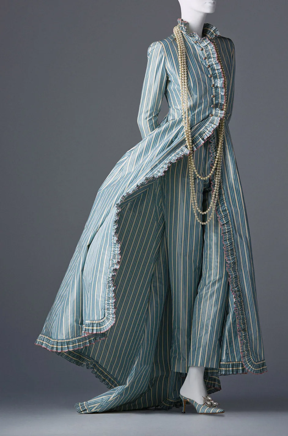 1998 Balmain by Oscar de la Renta Haute Couture Striped Silk Evening Coat Dress & Pant Set