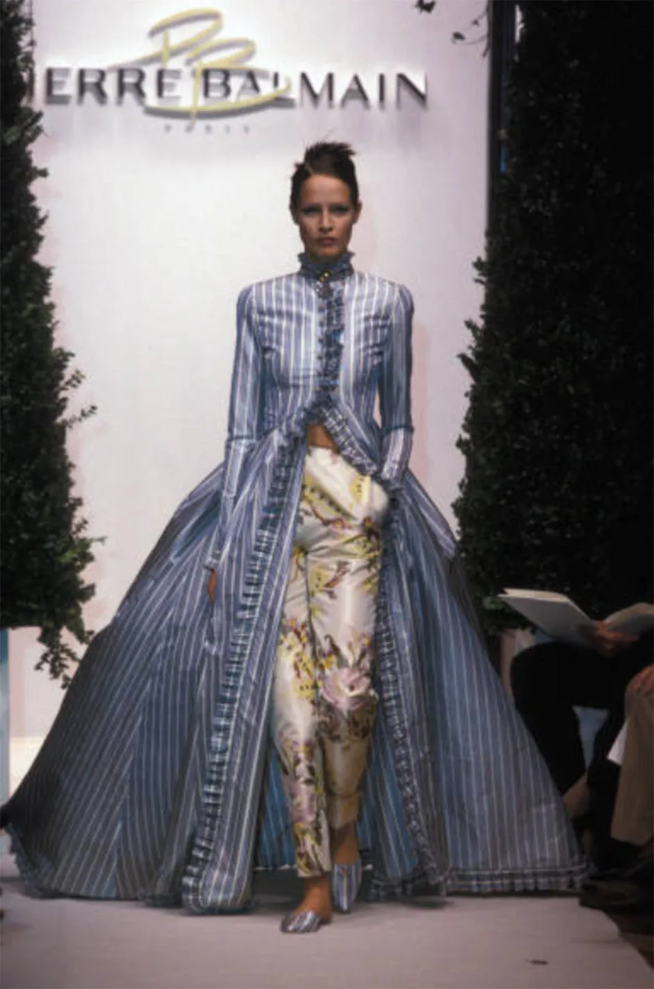 1998 Balmain by Oscar de la Renta Haute Couture Striped Silk Evening Coat Dress & Pant Set