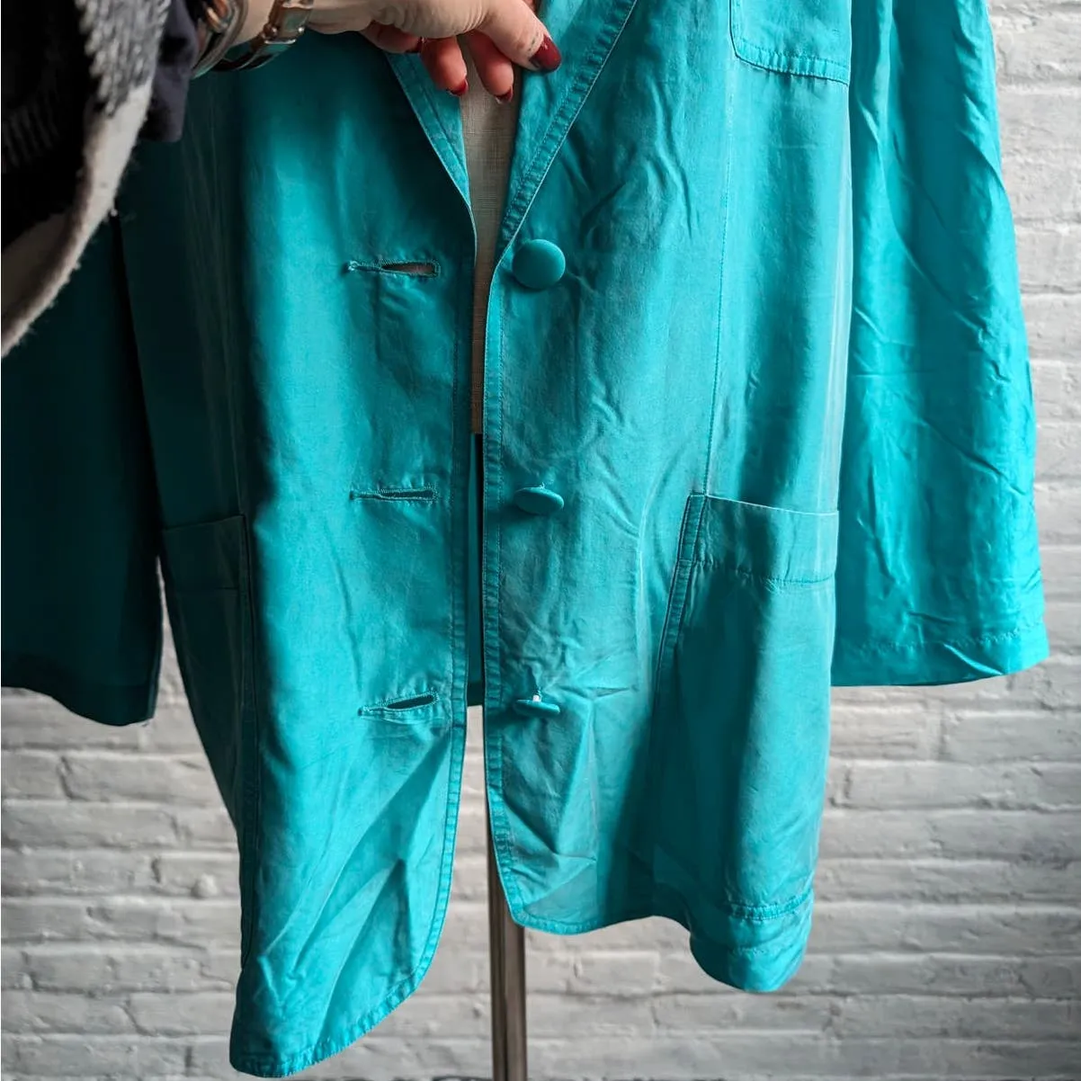 90s Vintage Blue Silk Romance Minimalist Duster Distressed Grunge Jacket Robe