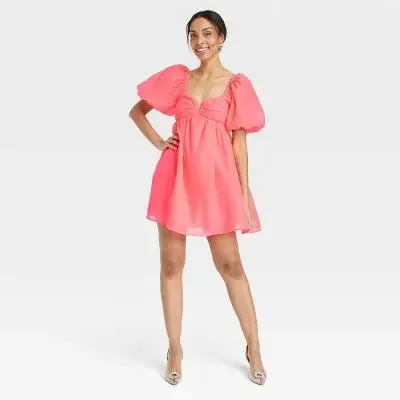 A New Day Women's Short Balloon Sleeves Sweetheart Neck Babydoll Dress