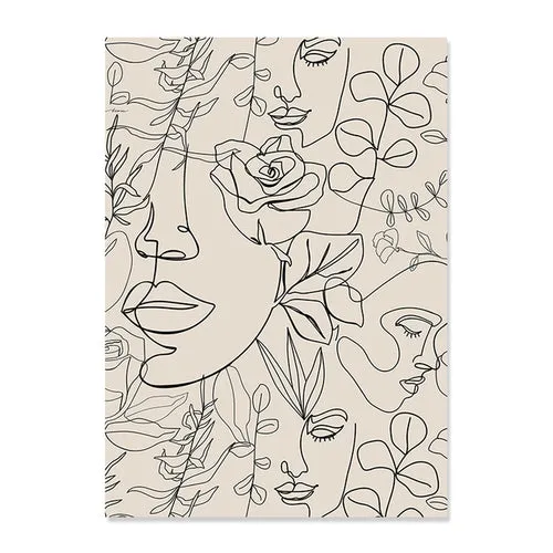 Abstract Bohemian Line Woman Faces Flowers Mid Century Posters Canvas