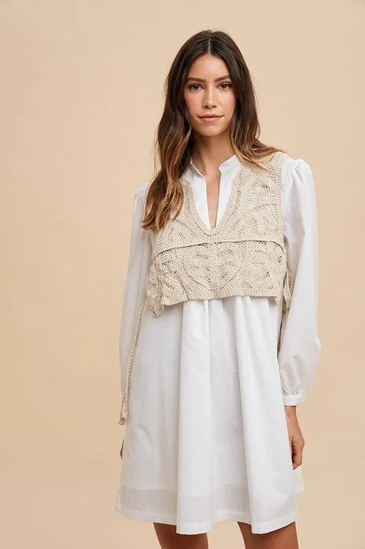 Annie Wear Crochet Vest Notched Long Sleeve Shirt Dress