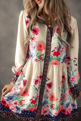 Apricot Floral Print Buttoned High Waist Shirt Mini Dress