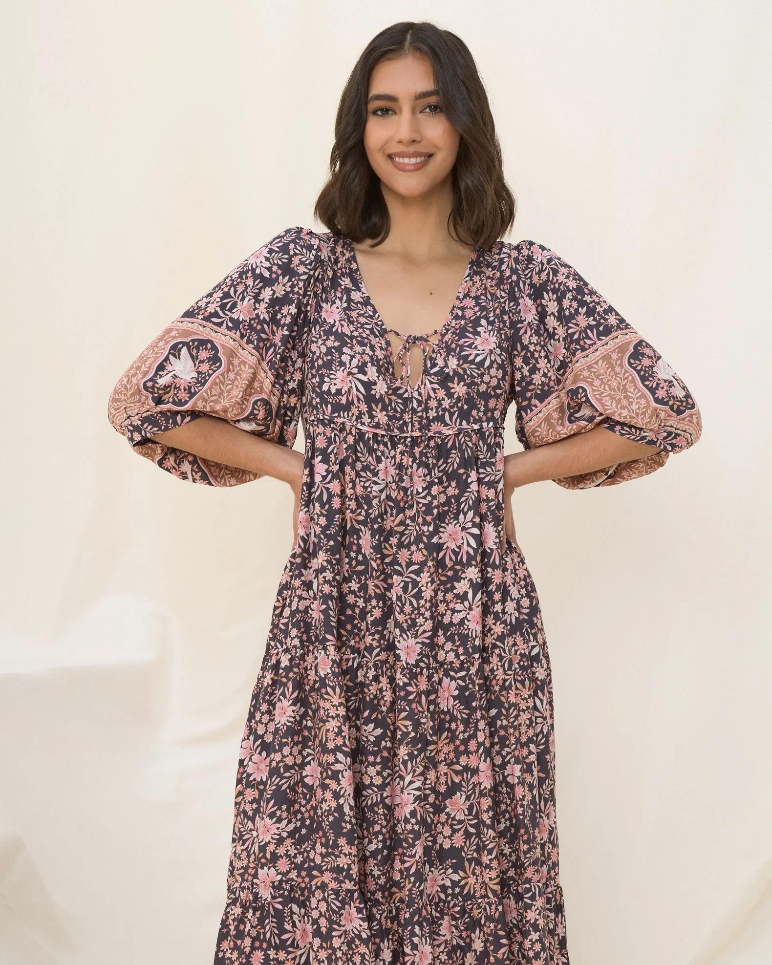 Araminta Purple Floral Boho Midi Dress