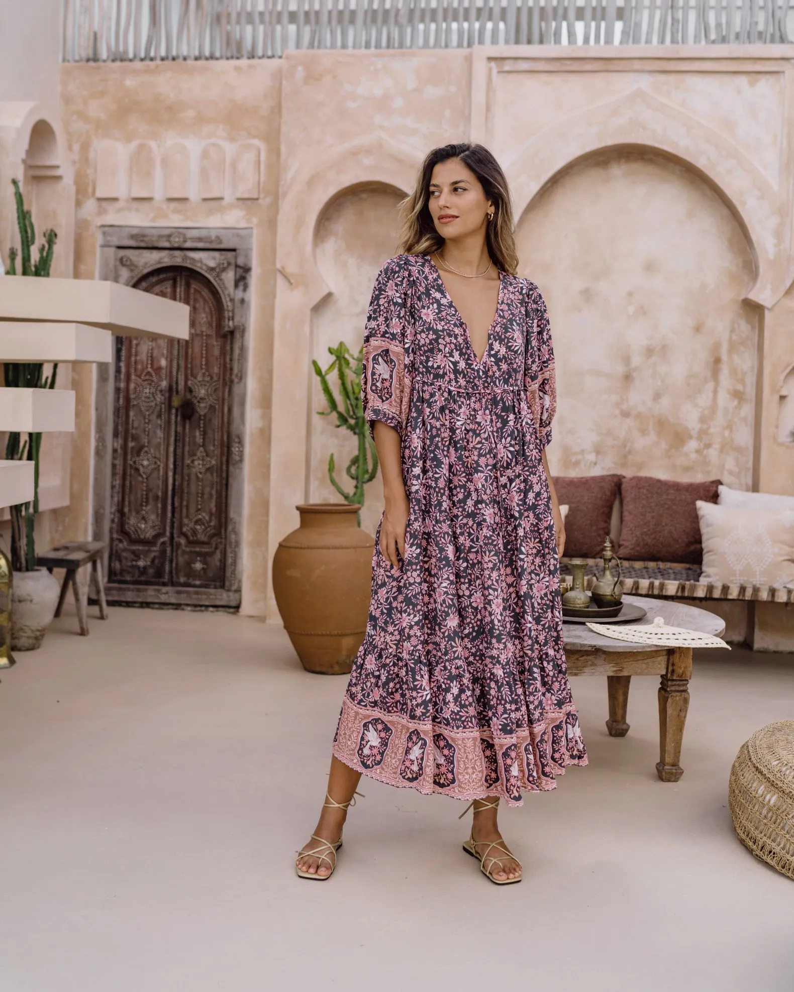 Araminta Purple Floral Boho Midi Dress