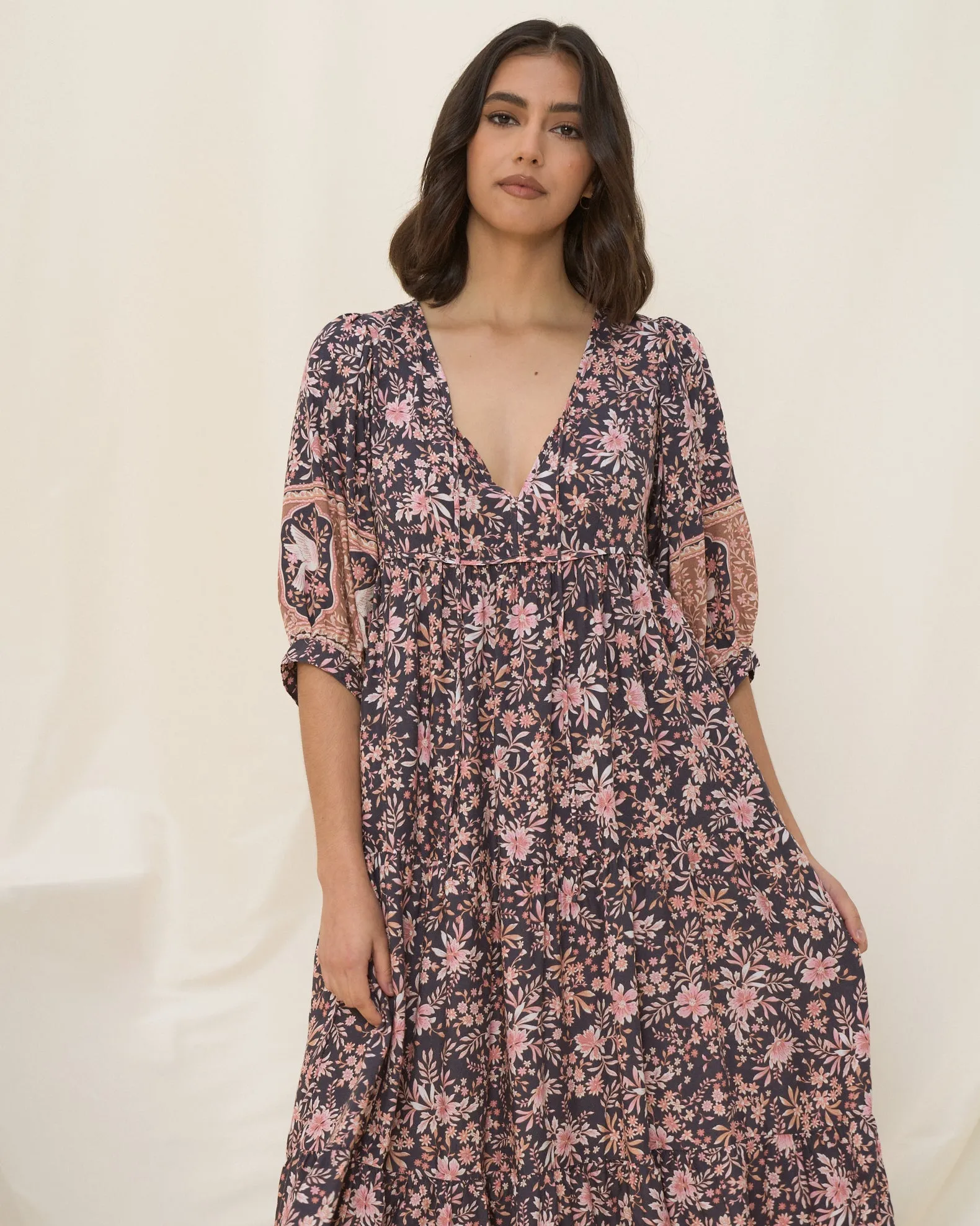 Araminta Purple Floral Boho Midi Dress