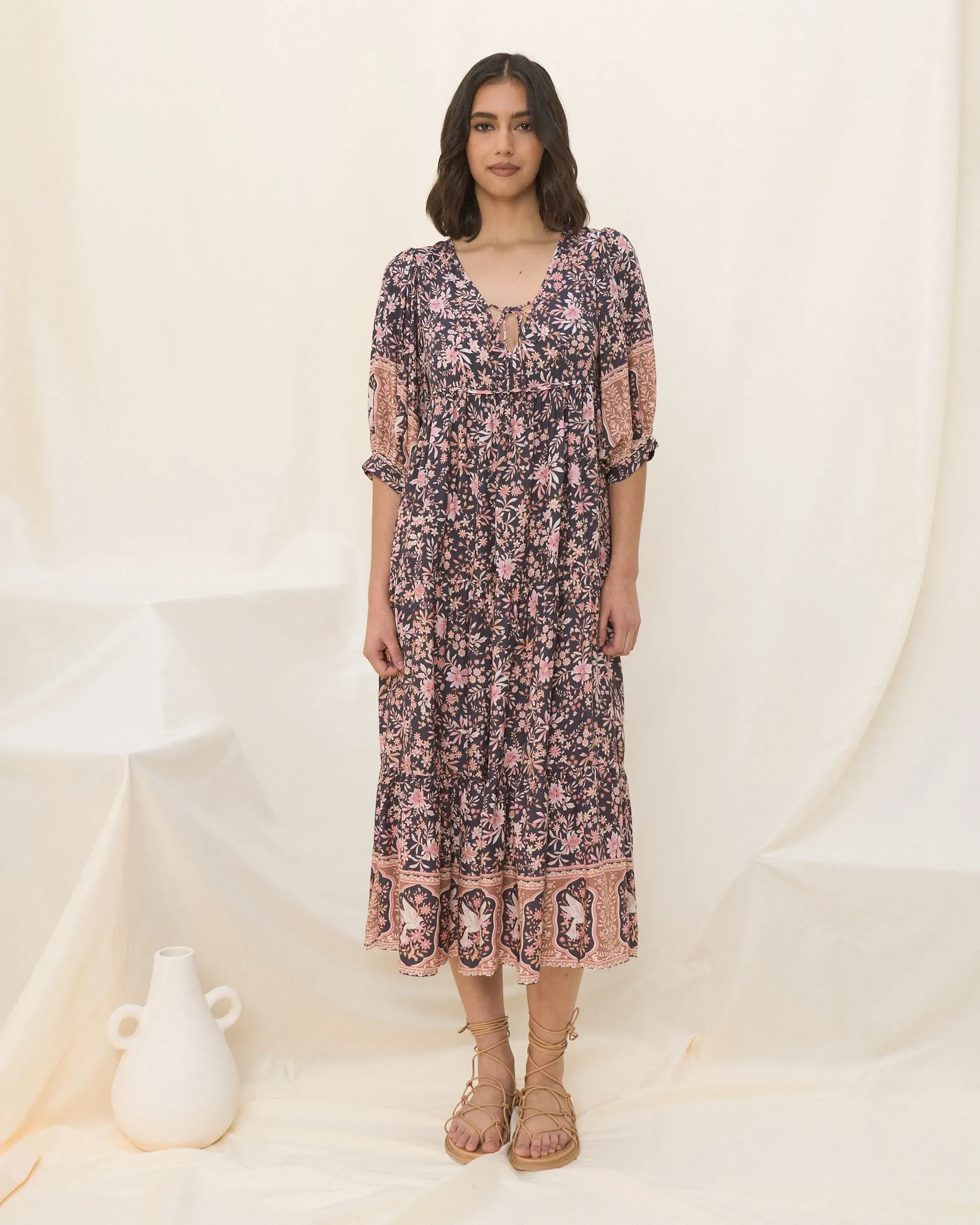 Araminta Purple Floral Boho Midi Dress