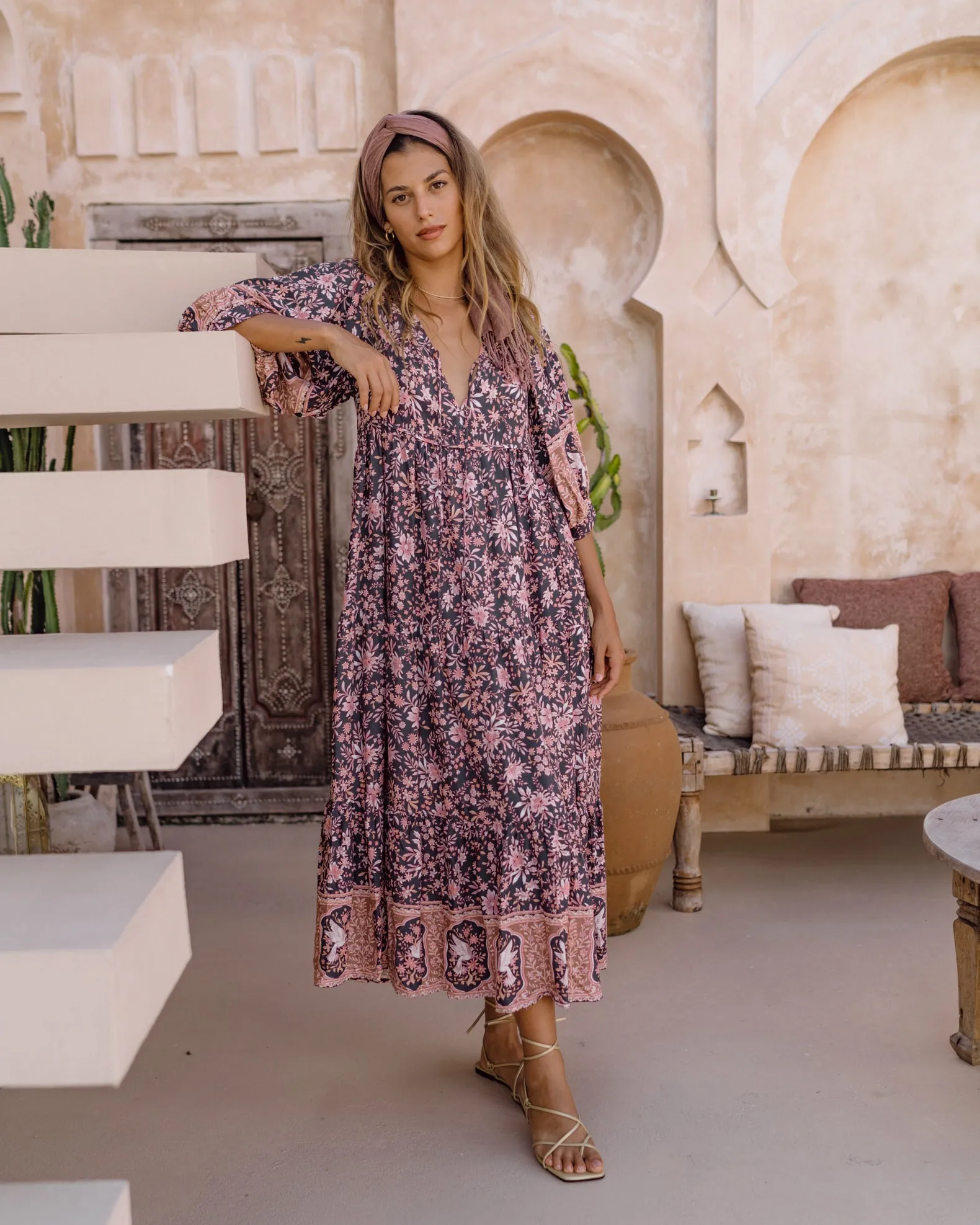 Araminta Purple Floral Boho Midi Dress