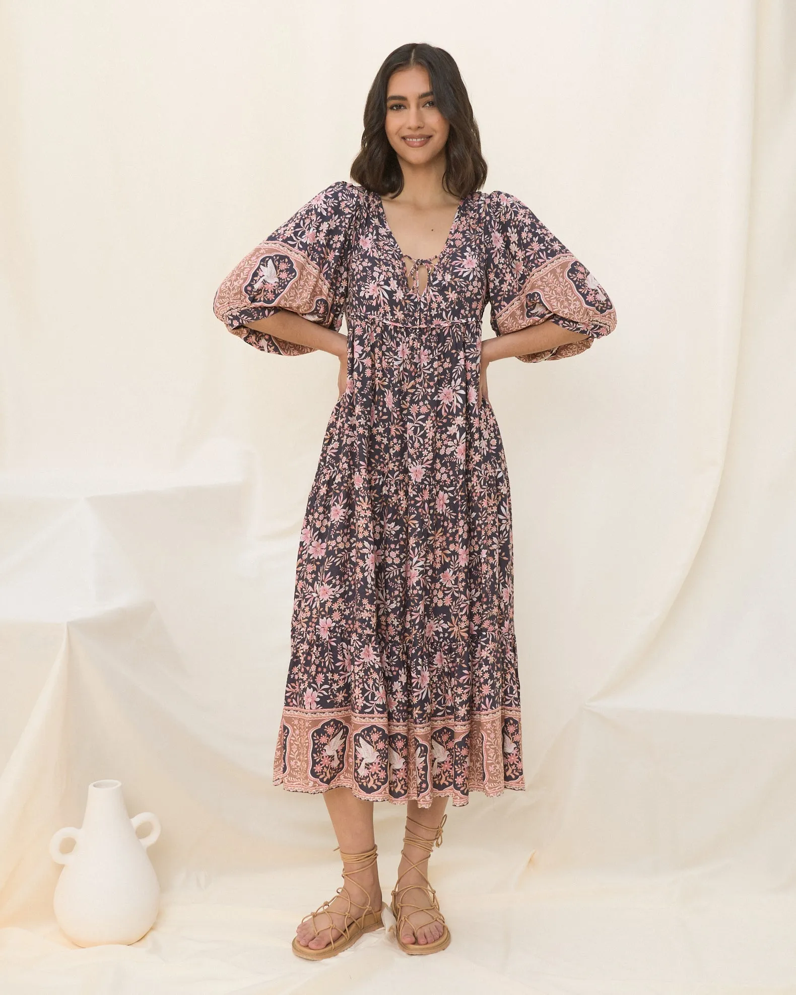 Araminta Purple Floral Boho Midi Dress