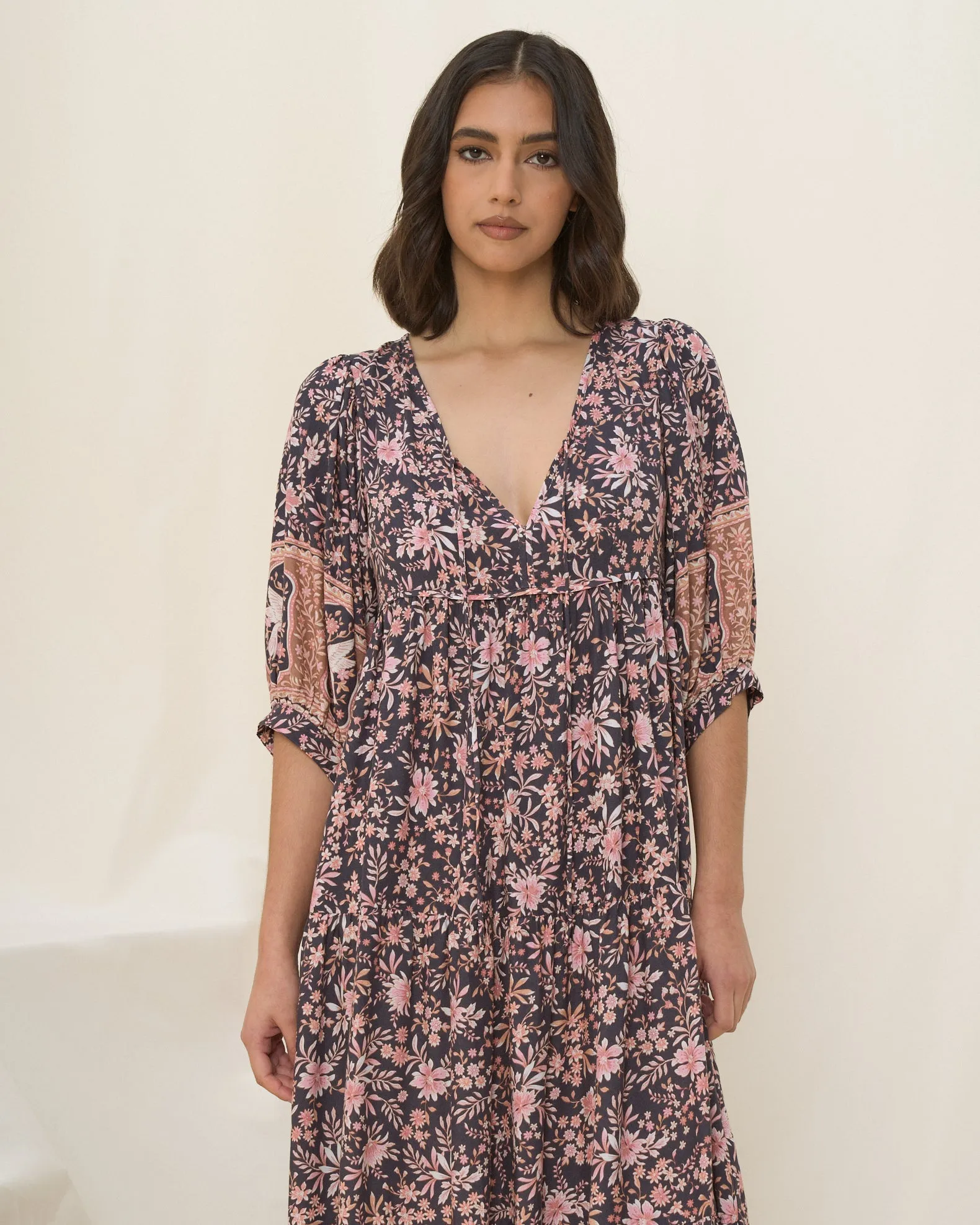 Araminta Purple Floral Boho Midi Dress