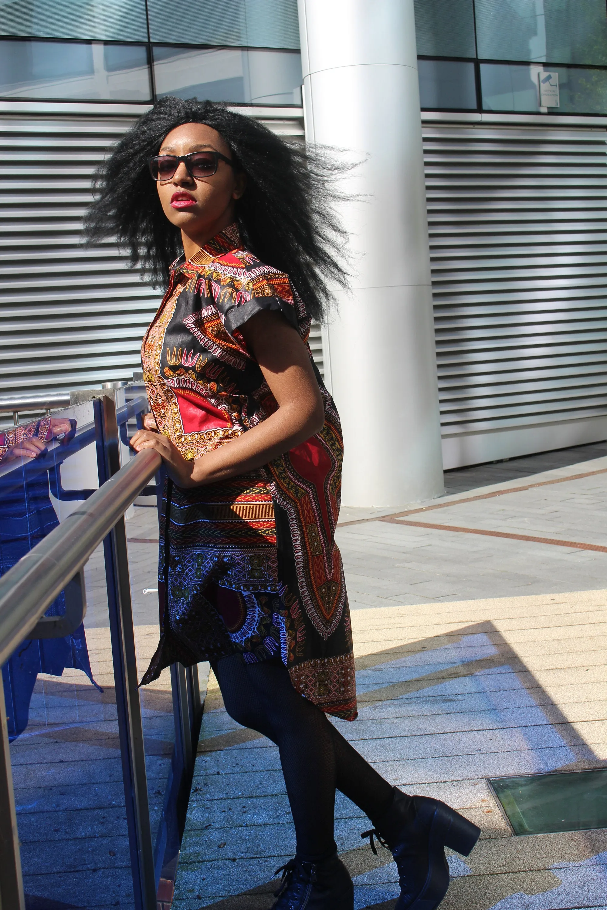 Aztec Dress, African Shirt Dress in Black Dashiki Print - Festival Dress