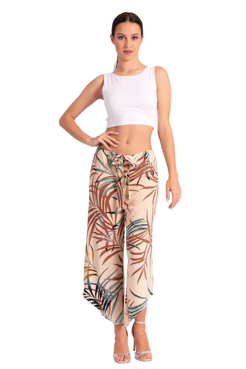 Beige Waist Tie Tropical Print Asymmetric Cropped Pants