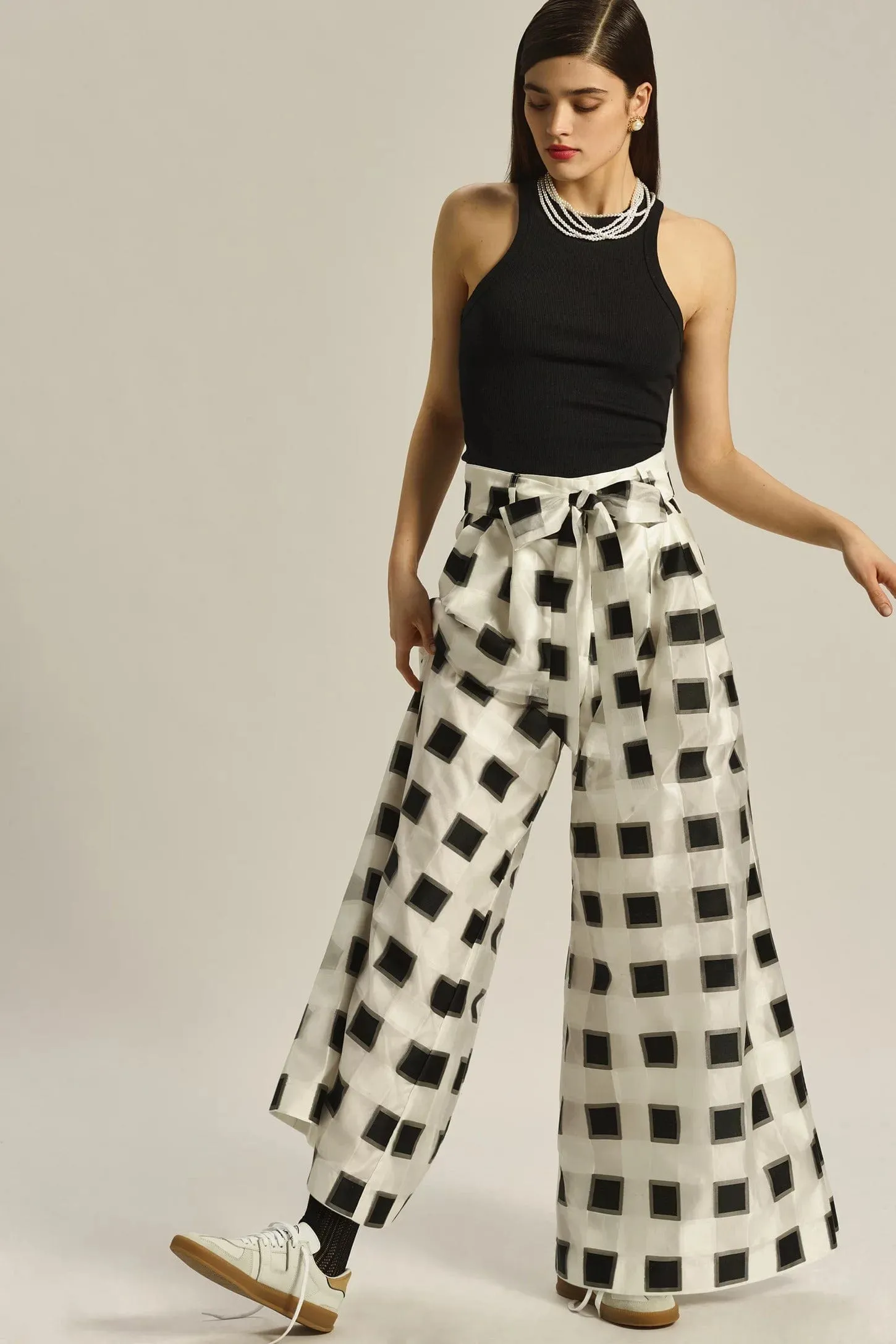 Belted Wide-Leg Pants - Black and White Check