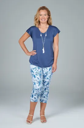 Blue Sky Print Stretch Cotton Sateen Capri Pants