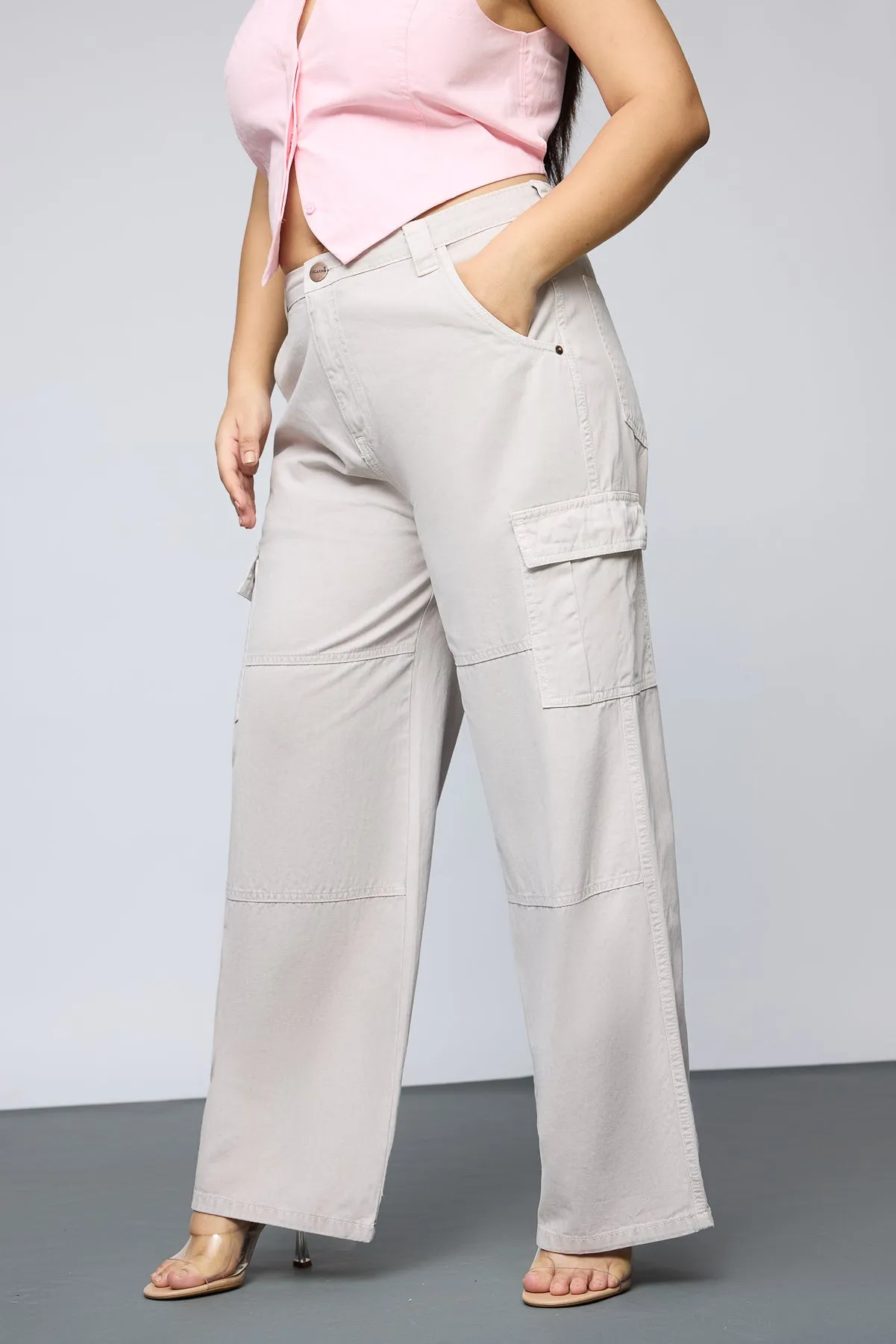 Bohemian Beige Curve Straight Cargo Jeans