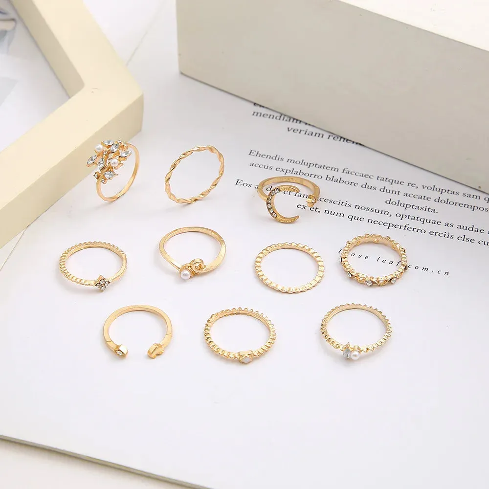 Bohemian Style New Set Ring Personalized 9-piece Love Butterfly Star Moon Set Crystal Combination Rings for Women Girls Jewelry