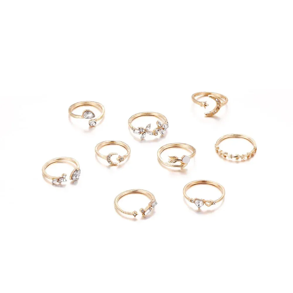 Bohemian Style New Set Ring Personalized 9-piece Love Butterfly Star Moon Set Crystal Combination Rings for Women Girls Jewelry