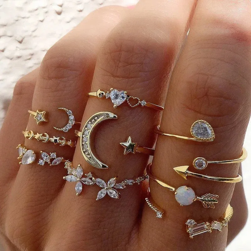 Bohemian Style New Set Ring Personalized 9-piece Love Butterfly Star Moon Set Crystal Combination Rings for Women Girls Jewelry