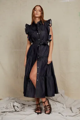 Bohemian Traders | Ruffle Batwing Midi dress in Indigo