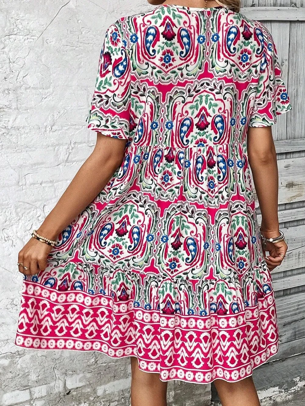 Boho Pink Floral Print Tie Neck Mini Dress