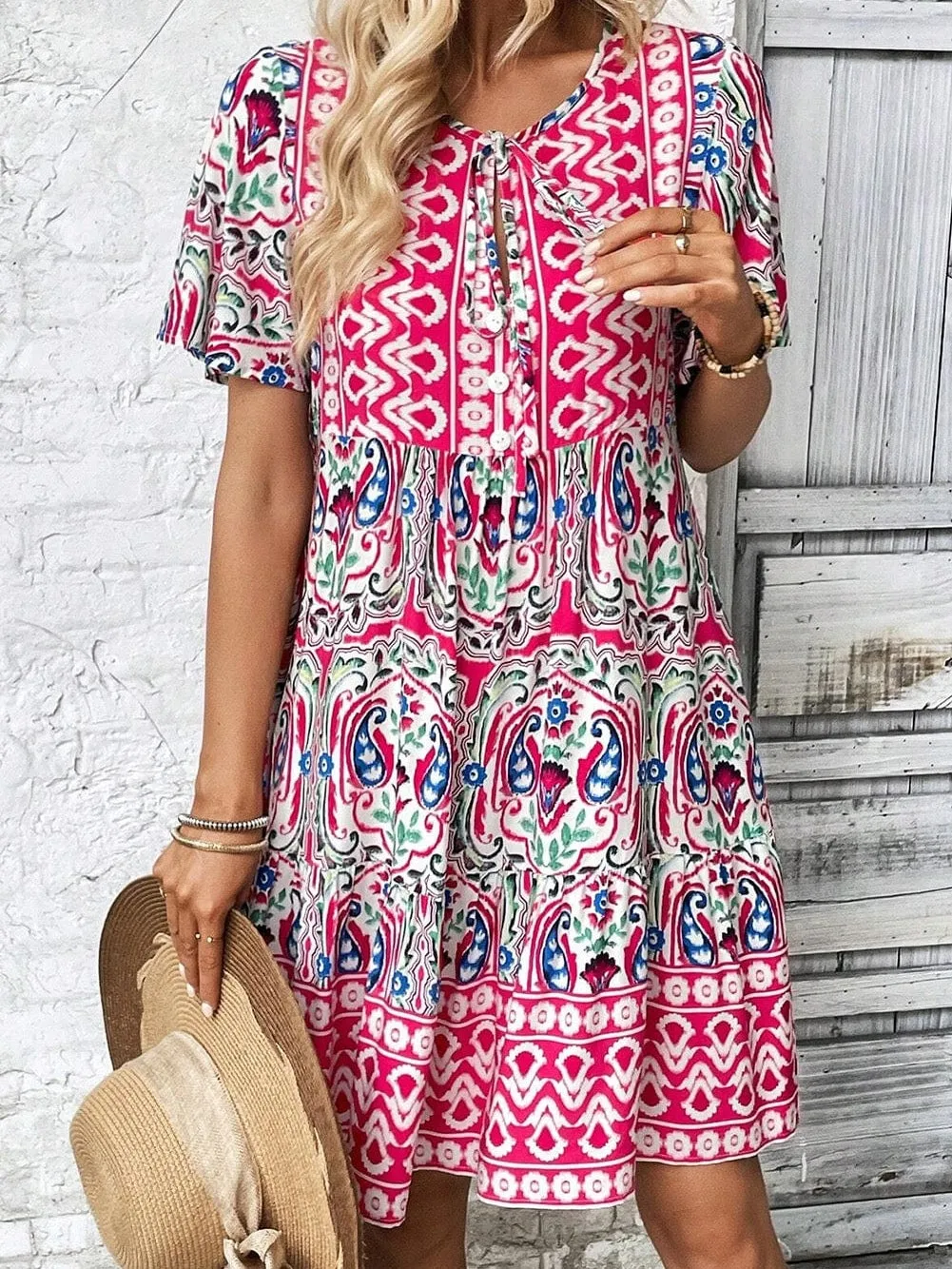 Boho Pink Floral Print Tie Neck Mini Dress