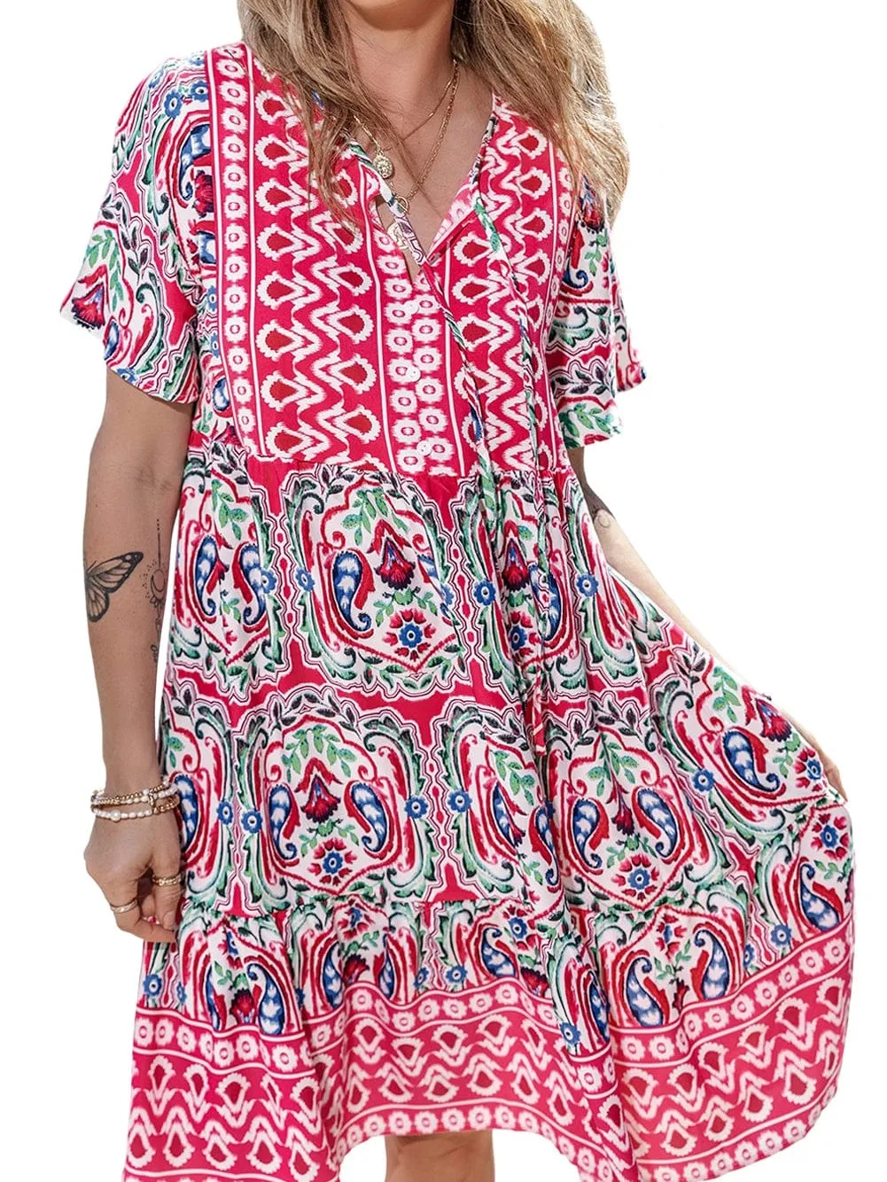 Boho Pink Floral Print Tie Neck Mini Dress