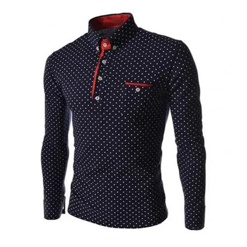 BRADFORD Design Collection Men's Fashion White & Black Polka Dots Button Top Long Sleeve Shirt