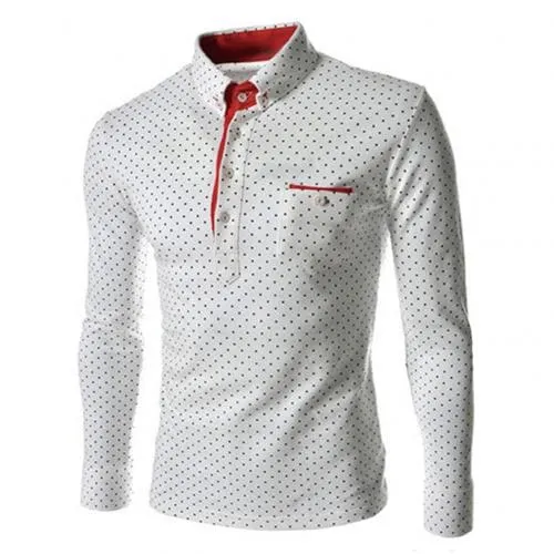 BRADFORD Design Collection Men's Fashion White & Black Polka Dots Button Top Long Sleeve Shirt