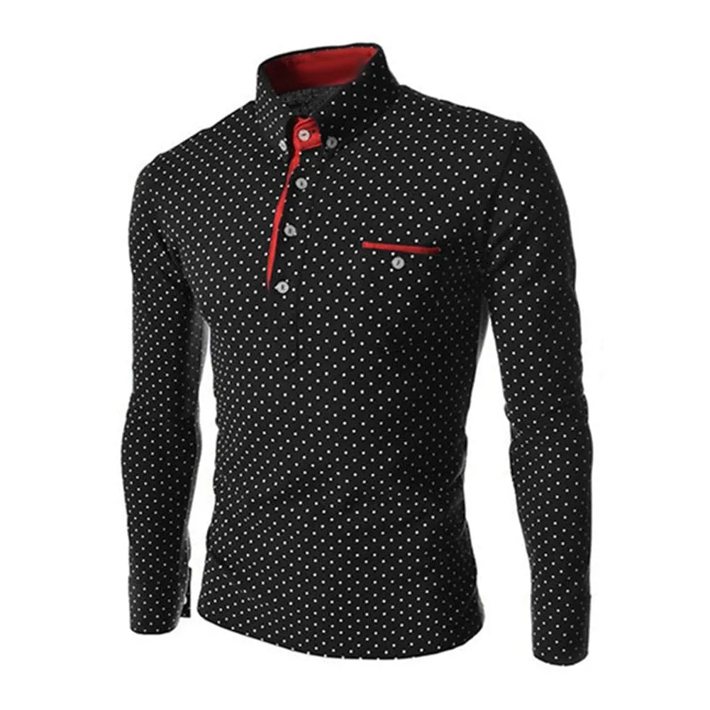 BRADFORD Design Collection Men's Fashion White & Black Polka Dots Button Top Long Sleeve Shirt