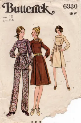 Butterick 6330 Womens Pleat Front Dress Tunic & Pants 1970s Vintage Sewing Pattern Size 12 Bust 34 inches