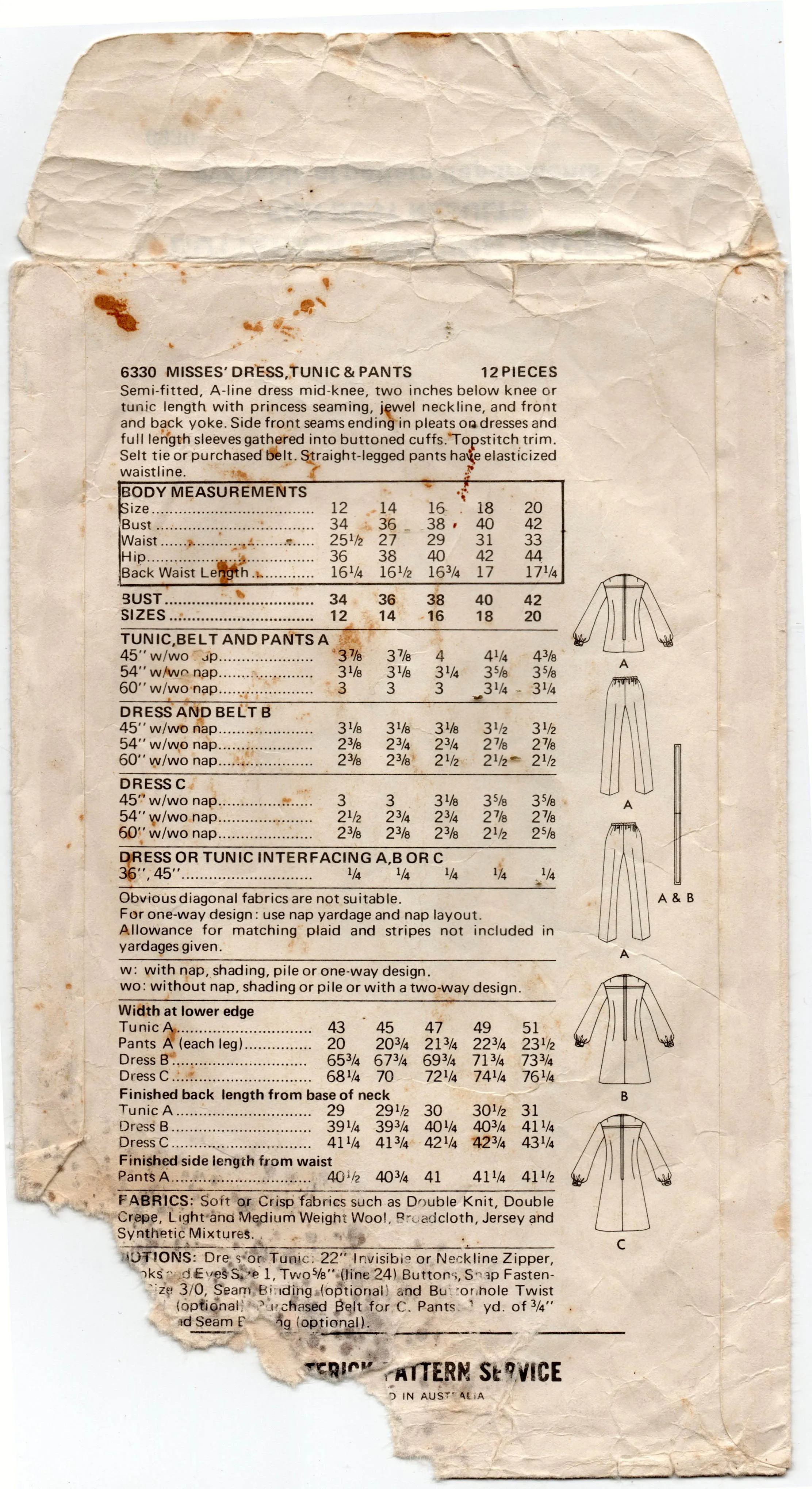 Butterick 6330 Womens Pleat Front Dress Tunic & Pants 1970s Vintage Sewing Pattern Size 12 Bust 34 inches