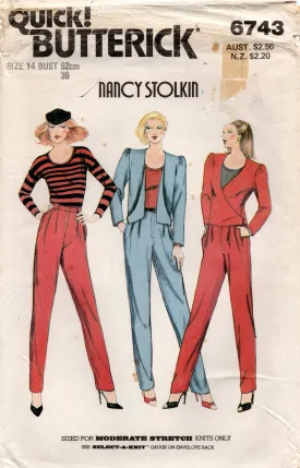 Butterick 6743 NANCY STOLKIN Womens Stretch Top Jacket & Pants 1980s Vintage Sewing Pattern Size 14 UNCUT Factory Folded