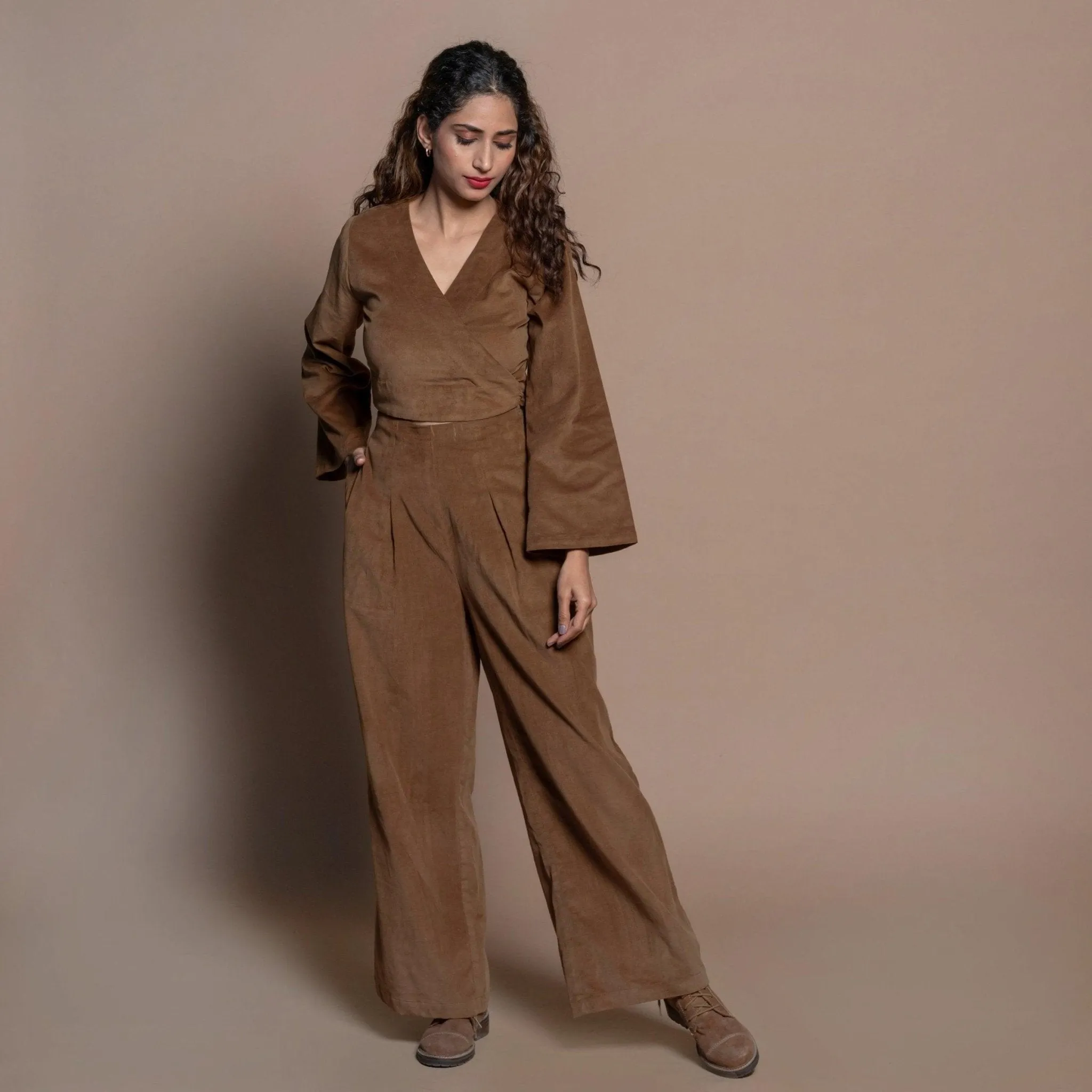 Camel Brown Cotton Velvet Elasticated Wide Legged Pant