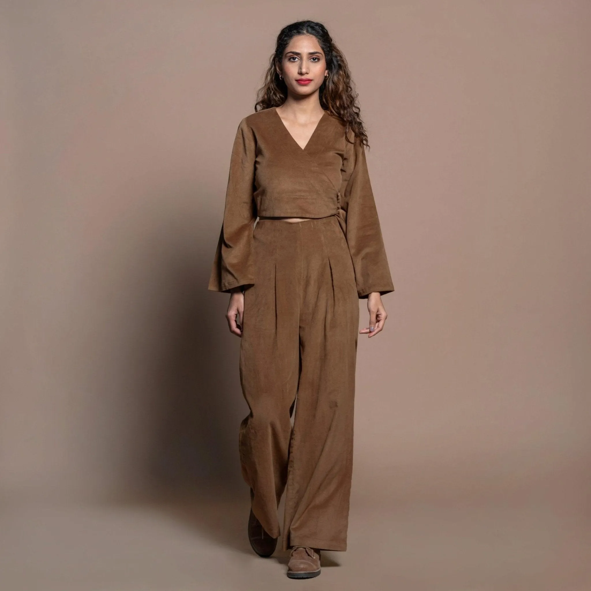 Camel Brown Cotton Velvet Elasticated Wide Legged Pant