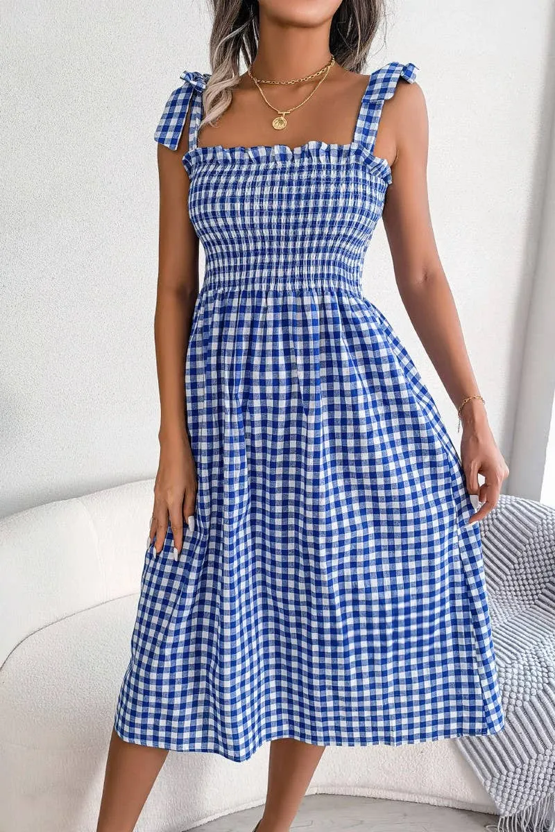 CASUAL LACE UP COLOR CONTRAST PLAID DRESS_CWDSD2550