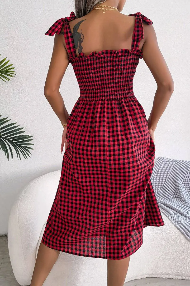 CASUAL LACE UP COLOR CONTRAST PLAID DRESS_CWDSD2550