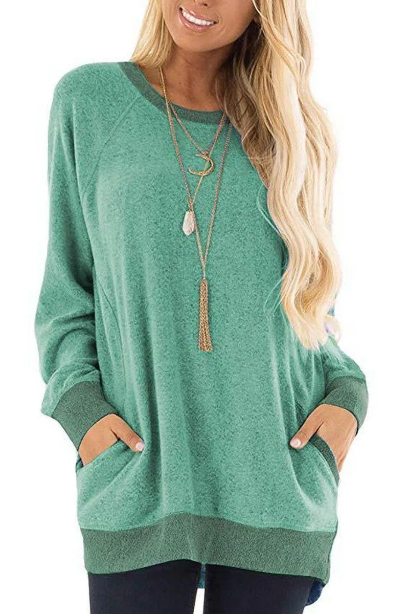 COLOR BLOCKED ROUND NECK SIDE POCKET PULLOVER