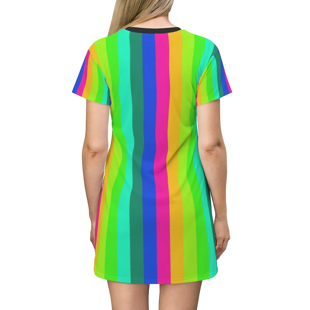 Colorful Rainbow Striped T-Shirt Dress, Gay Pride Vertical Striped Women's Crew Neck Dress - Made in USA