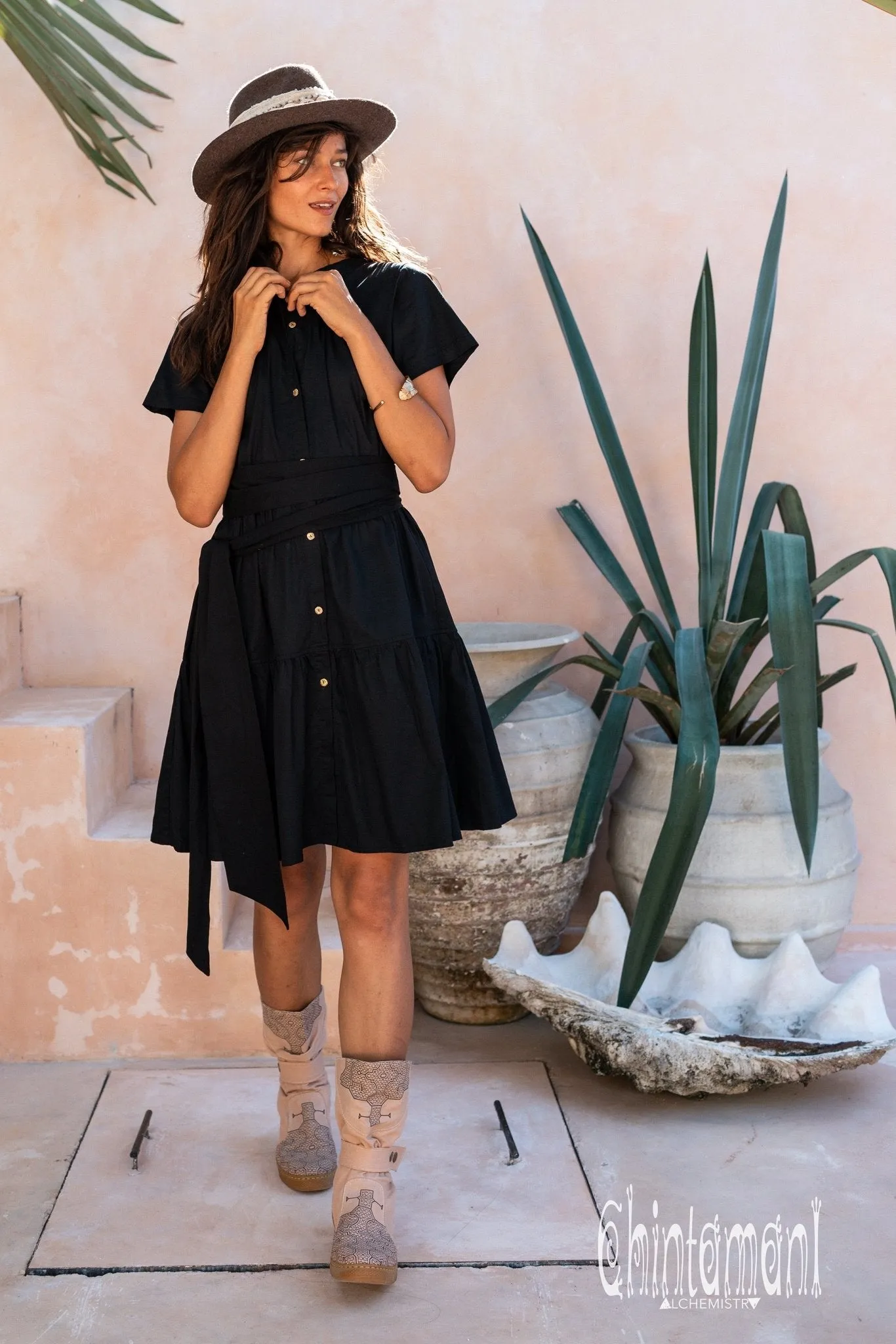 Cotton Mini Shirt Dress / Black