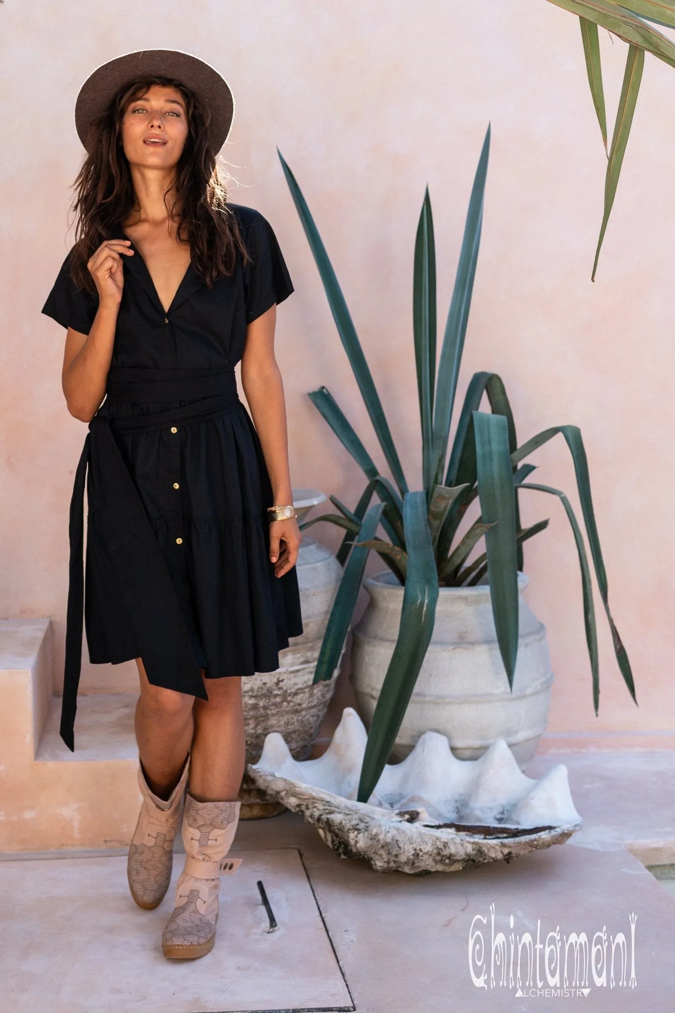 Cotton Mini Shirt Dress / Black