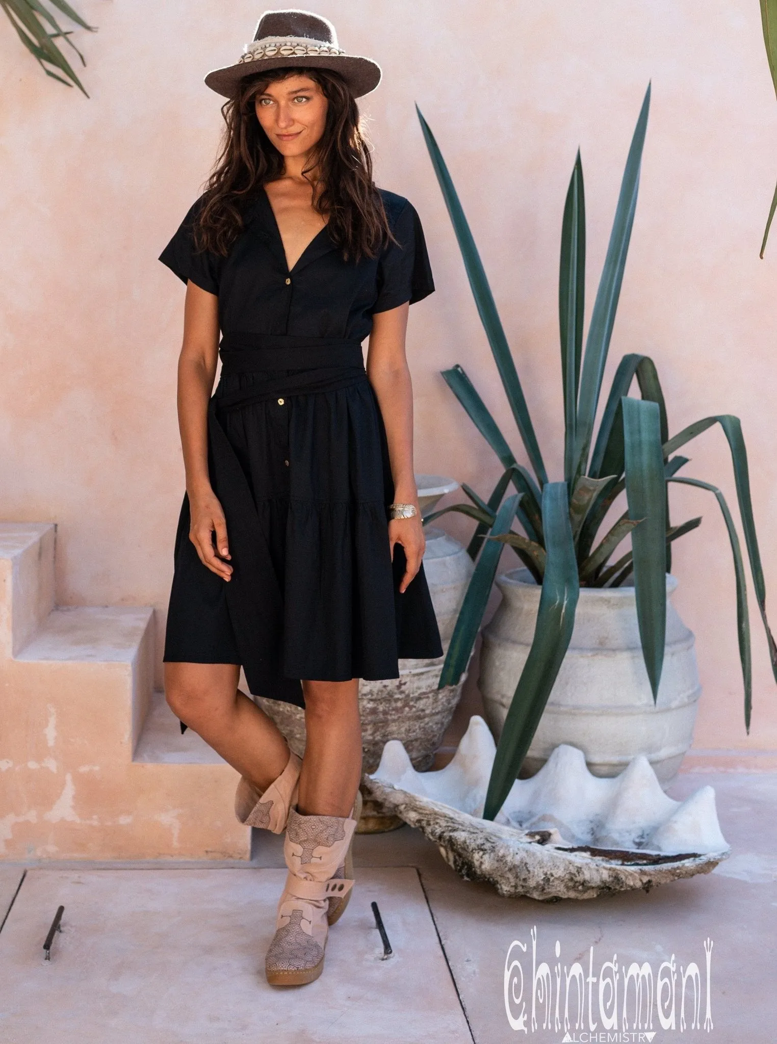 Cotton Mini Shirt Dress / Black